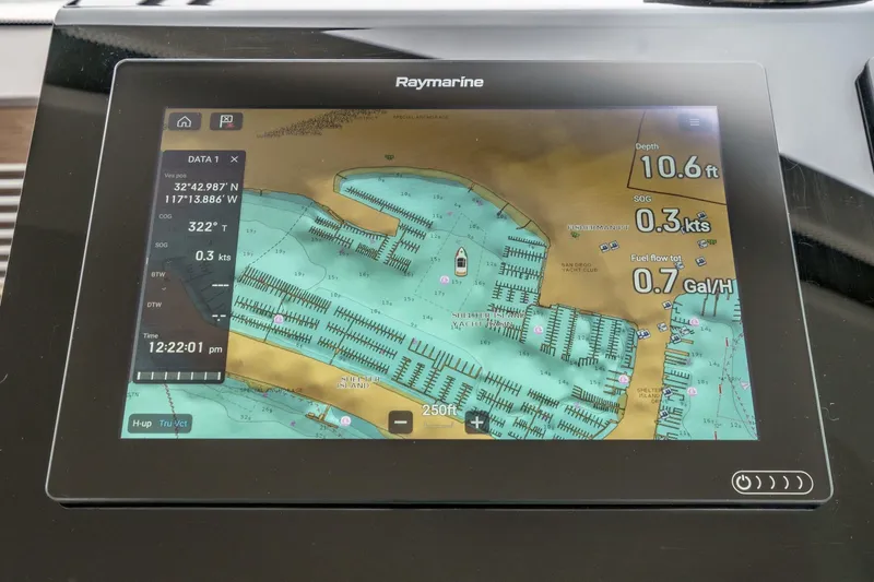 Slide: The Image of Raymarine navigation display on 2021 Prestige 420 Fly yacht, showing nautical chart and data. - 54