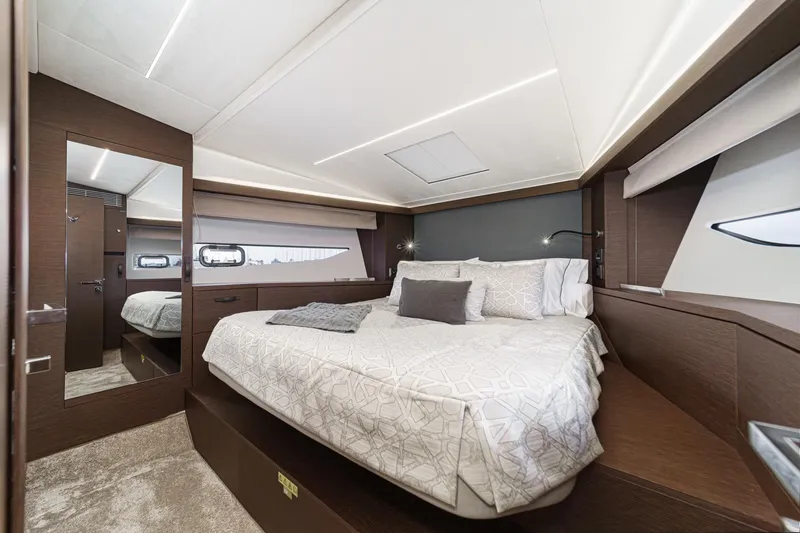 Slide: The Image of Luxurious bedroom interior of 2021 Prestige 420 Fly yacht with modern design. - 60