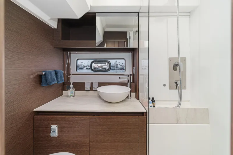 Slide: The Image of Luxurious bathroom interior of 2021 Prestige 420 Fly yacht with modern fixtures. - 66