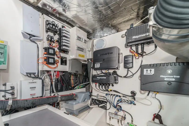 Slide: The Image of Electrical system of a 2021 Prestige 420 Fly yacht, featuring Raymarine equipment. - 73