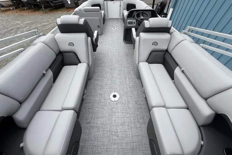 Slide: The Image of 2026 Sun Tracker Party Barge 22 DLX interior with spacious seating and modern design. - 22