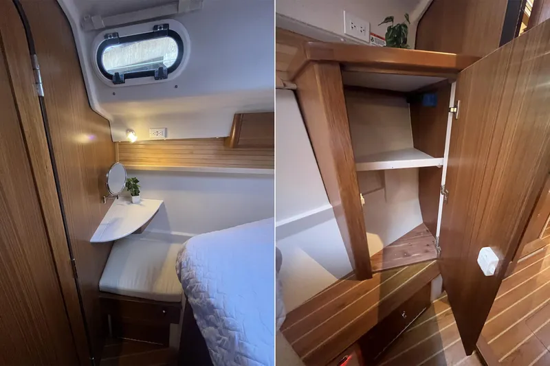 Slide: The Image of 2026 Catalina 386 yacht interior with wooden cabinetry, cozy sleeping area, and storage compartments. - 13