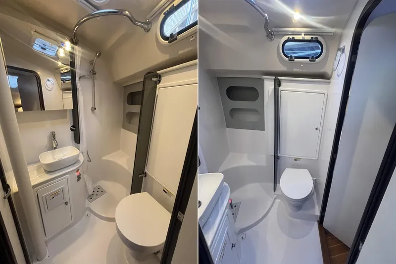 Slide: The Image of Modern bathroom interior of 2026 Catalina 386 yacht, featuring shower, sink, and toilet. - 16