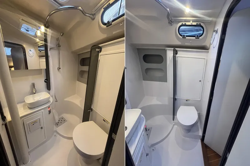 Slide: The Image of Modern bathroom interior of 2026 Catalina 386 yacht, featuring shower, sink, and toilet. - 17