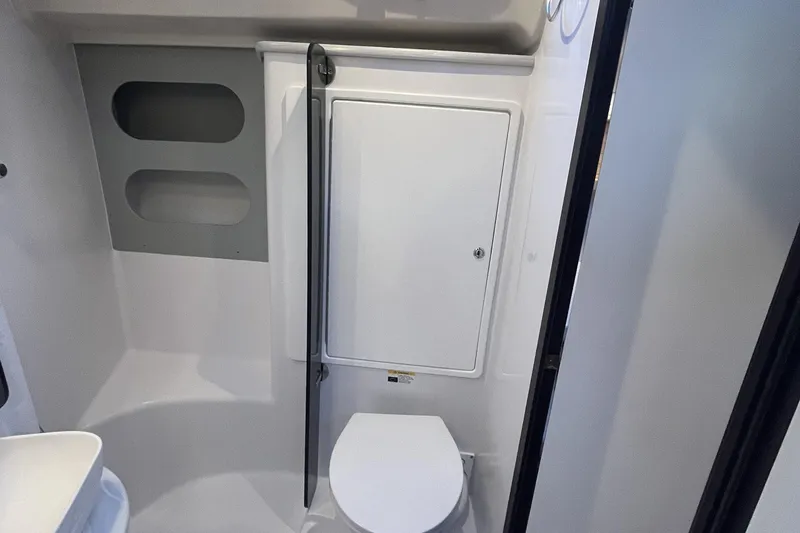 Slide: The Image of Modern bathroom in 2026 Catalina 386 yacht, featuring compact design and sleek fixtures. - 25