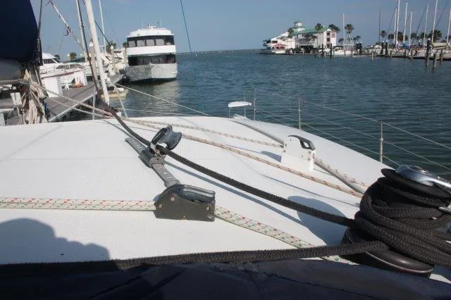 Slide: The Image of Deck view of 2008 Fountaine Pajot Orana 44 catamaran docked at marina. - 14