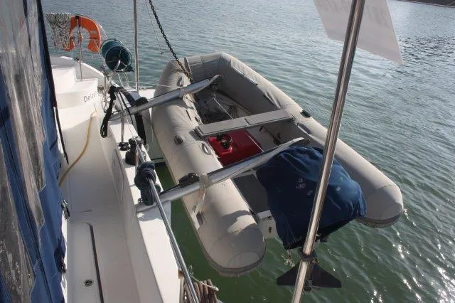 Slide: The Image of Inflatable dinghy on a 2008 Fountaine Pajot Orana 44 catamaran. - 4