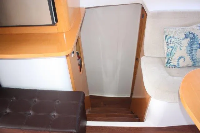 Slide: The Image of Interior of 2008 Fountaine Pajot Orana 44 catamaran with stairs, seating, and seahorse pillow. - 43