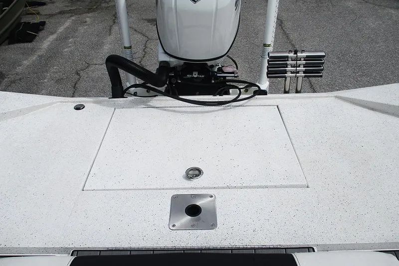 Slide: The Image of 2023 Vexus AVX2180CC boat deck with motor and rod holders. - 25