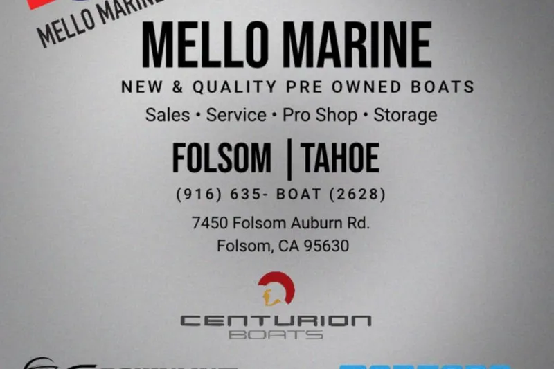 Slide: The Image of Mello Marine advertisement for new and pre-owned boats, featuring sales and services in Folsom, CA. - 34