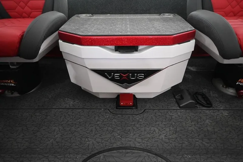 Slide: The Image of 2026 Vexus VX s21 boat interior with red and gray seating and storage compartment. - 13
