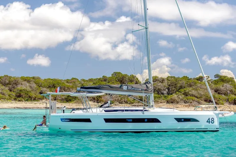 Slide: The Image of 2026 Dufour 48 yacht sailing in turquoise waters near a lush coastline. - 2