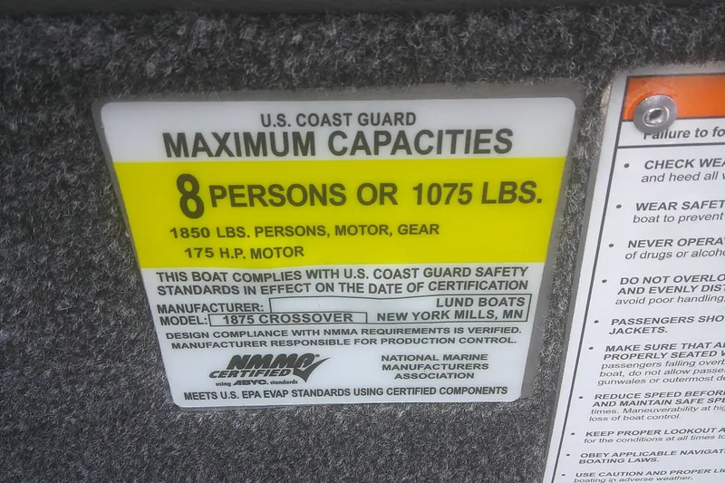 Slide: The Image of U.S. Coast Guard capacity label for 2026 Lund 1875 Crossover XS, 8 persons or 1075 lbs. - 9