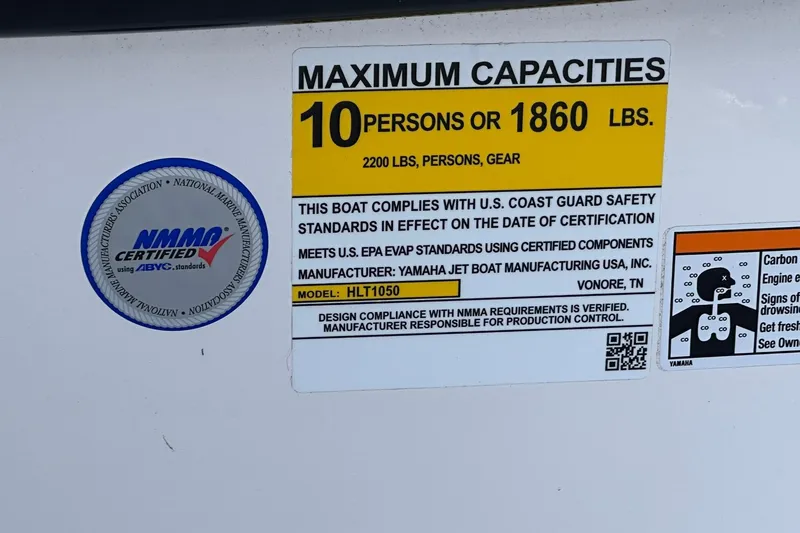 Slide: The Image of Yamaha Boats AR220 2025 capacity label, certified for 10 persons or 1860 lbs. - 20