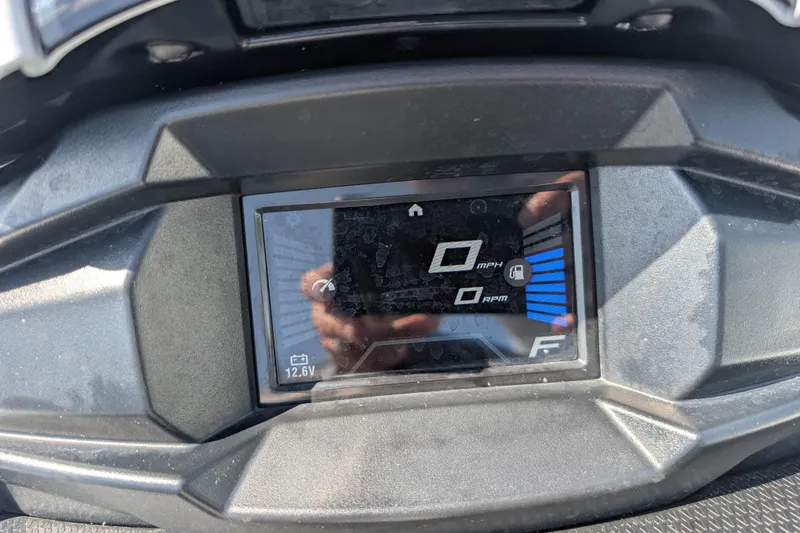 Slide: The Image of Dashboard of a 2021 Yamaha WaveRunner VX Deluxe showing speed and fuel indicators. - 12