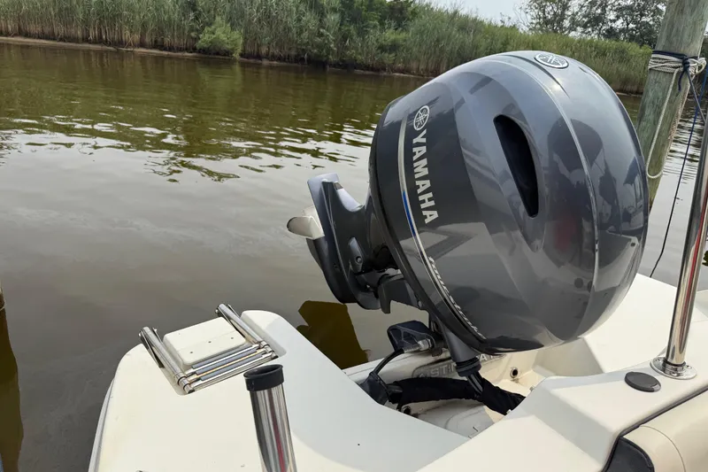 Slide: The Image of 2020 Stingray 192 SC boat with Yamaha outboard motor by a riverbank. - 16
