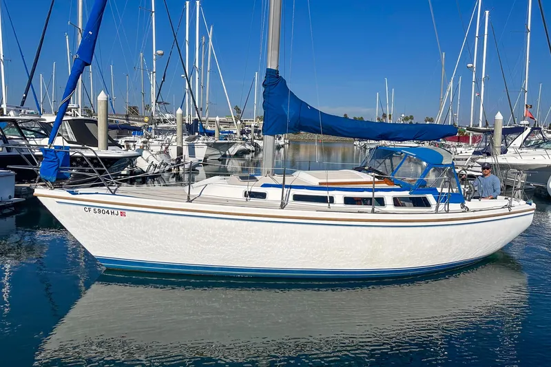 Slide: The Image of 1984 Catalina 30 sailboat docked in marina, featuring blue sail cover and calm waters. - 17