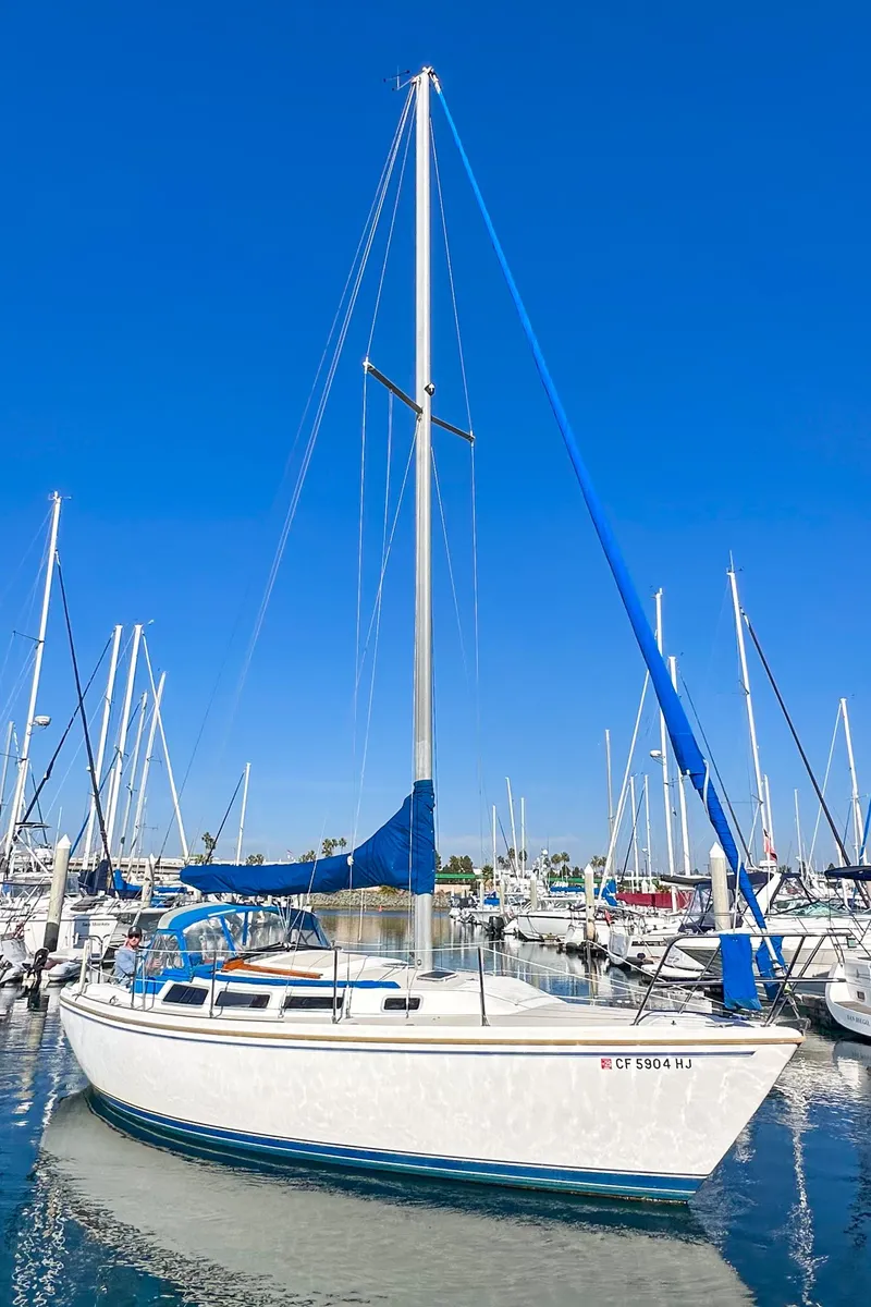 Slide: The Image of 1984 Catalina 30 sailboat docked in a marina under a clear blue sky. - 19