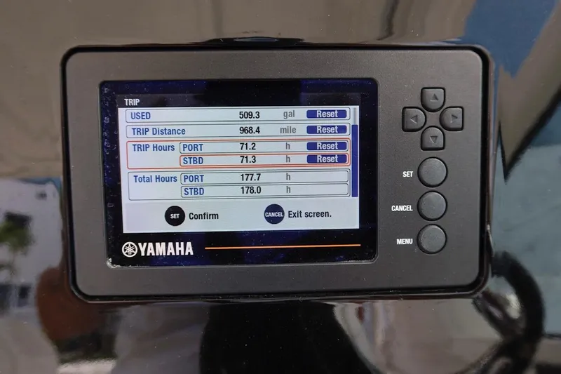 Slide: The Image of Yamaha display showing trip data on a 2021 Pursuit DC 266 Dual Console boat. - 45