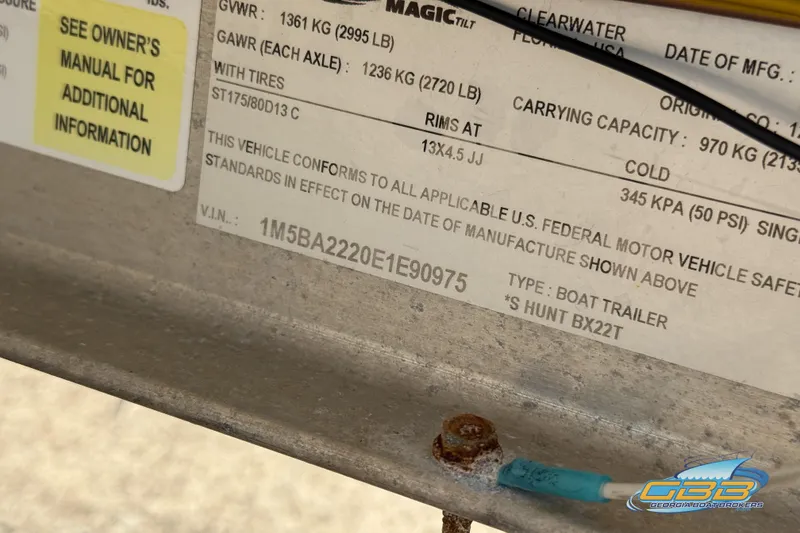 Slide: The Image of 2014 Sea Hunt BX 22 Pro boat trailer label with specifications and VIN details. - 30