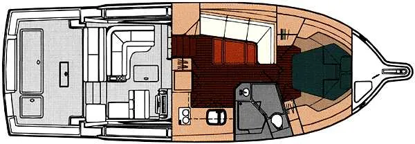 Slide: The Image of Interior of 2000 Tiara Yachts 4100 Open with beige seating and wooden cabinetry. - 4