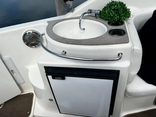 Slide: The Image of 2010 Larson Cabrio 274 boat kitchenette with sink, mini fridge, and plant decoration. - 19