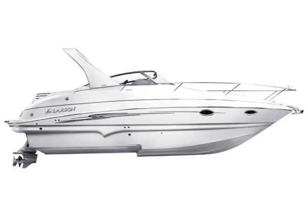 Slide: The Image of 2010 Larson Cabrio 274 boat, sleek white design, side view. - 8