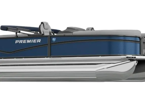 Slide: The Image of 2026 Premier 210 Sunsation RF pontoon boat, rear view, blue exterior, parked outdoors. - 1