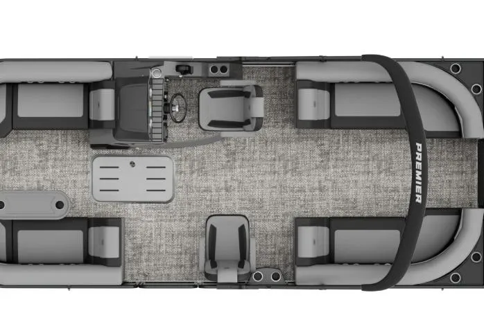Slide: The Image of 2026 Premier 230 SunSation RF pontoon boat with sleek design and comfortable seating. - 2