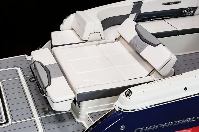 Slide: The Image of Manufacturer Provided Image: 2023 Chaparral 307 SSX boat with luxurious white seating and sleek design. - 16
