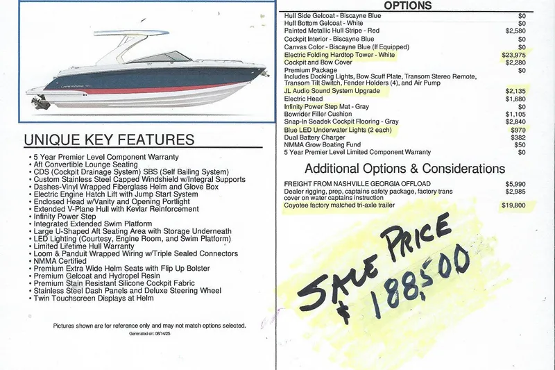Slide: The Image of 2023 Chaparral 307 SSX boat features and options list with sale price of $188,500. - 4