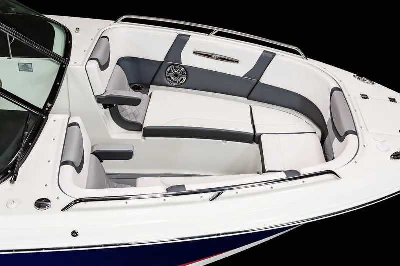 Slide: The Image of Manufacturer Provided Image: 2023 Chaparral 307 SSX boat interior with white and gray seating. - 8