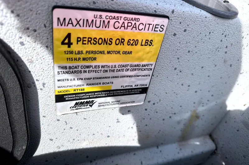 Slide: The Image of 2017 Ranger RT188 boat capacity label, U.S. Coast Guard certified for 4 persons or 620 lbs. - 20