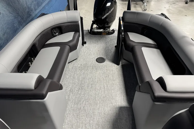 Slide: The Image of Interior of 2026 Premier 230 SunSation RF pontoon boat with stylish seating and Mercury engine. - 14