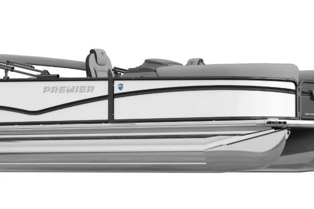 Slide: The Image of 2026 Premier 230 Sunsation RL pontoon boat, rear view, in a sunny outdoor setting. - 1