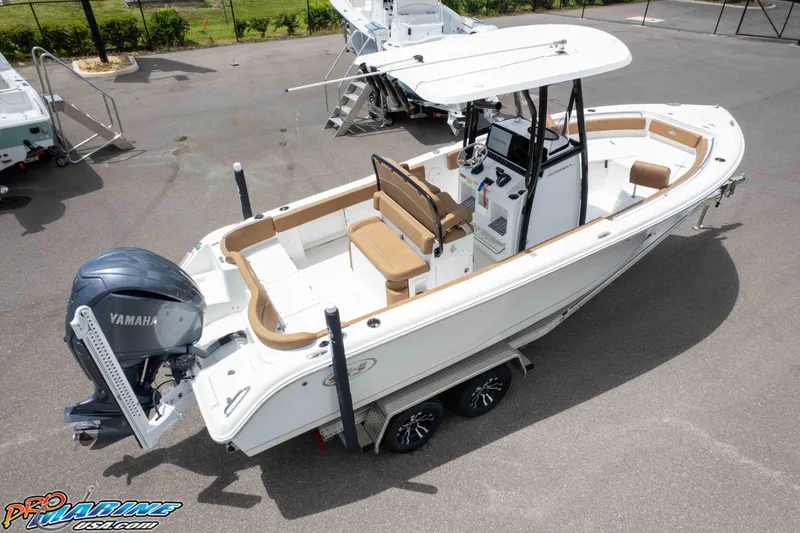 Slide: The Image of 2023 Sea Hunt Ultra 234 boat with Yamaha engine on trailer, aerial view. - 5