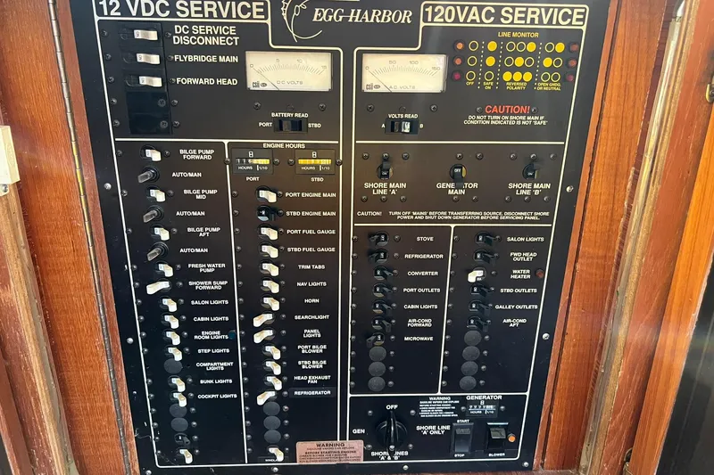 Slide: The Image of Electrical control panel of a 1989 Egg Harbor 33 Convertible boat, featuring 12VDC and 120VAC services. - 20