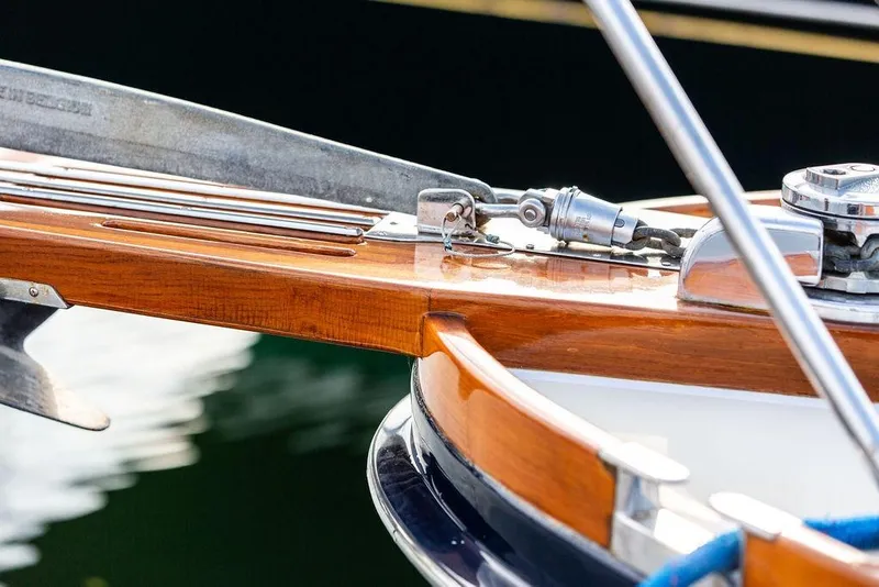 Slide: The Image of Close-up of 1994 Little Harbor Express boat's polished wooden deck and metal fittings. - 15