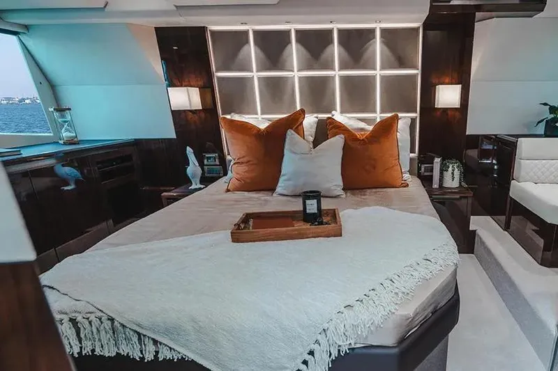 Slide: The Image of Luxurious bedroom interior of 2023 Galeon 470 Sky yacht with elegant decor and cozy bedding. - 18