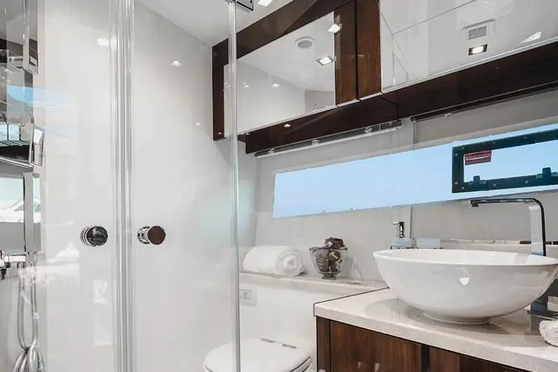 Slide: The Image of Luxurious bathroom in 2023 Galeon 470 Sky yacht with modern fixtures and elegant design. - 20