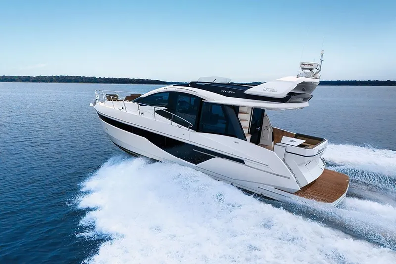 Slide: The Image of 2023 Galeon 470 Sky yacht cruising on open water, showcasing sleek design and luxury features. - 26