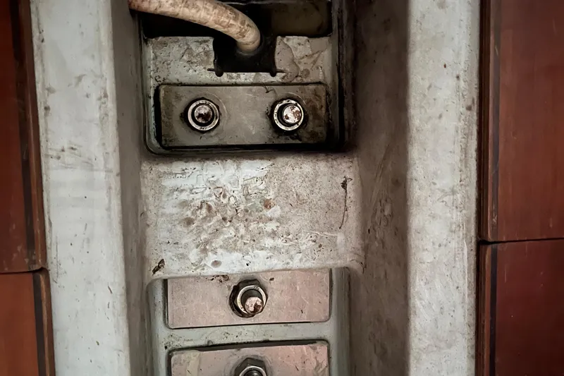 Slide: The Image of Close-up of Beneteau First 40.7 yacht's mast step, showing bolts and wiring, 2001 model. - 18