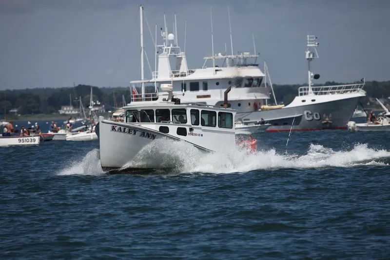 Slide: The Image of Novi 32 Downeast boat "Kaley Ann" cruising in a busy harbor, 1992 model. - 2