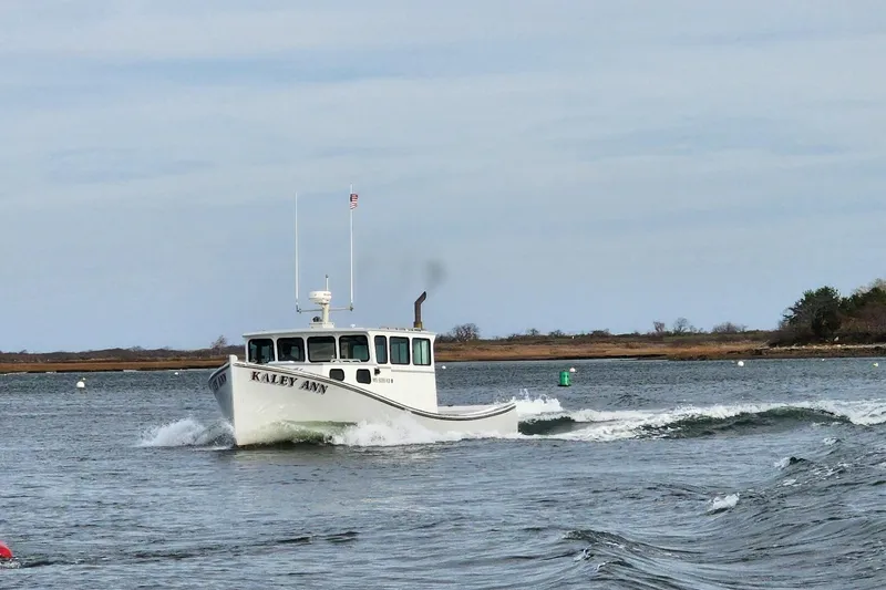 Slide: The Image of 1982 Stanley Greenwood/Novi 32 Downeast boat "Kaley Ann" cruising on a calm waterway. - 3