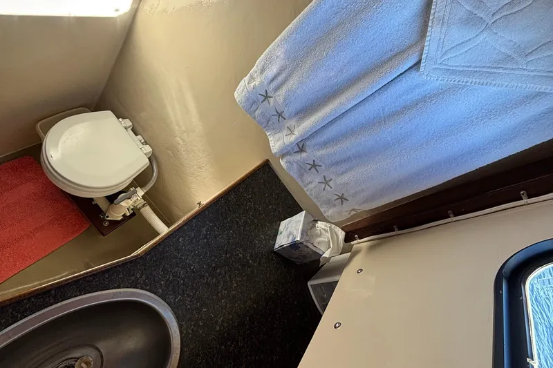 Slide: The Image of 1982 Stanley Greenwood/Novi 32 Downeast boat bathroom with toilet, sink, and starfish towel. - 33