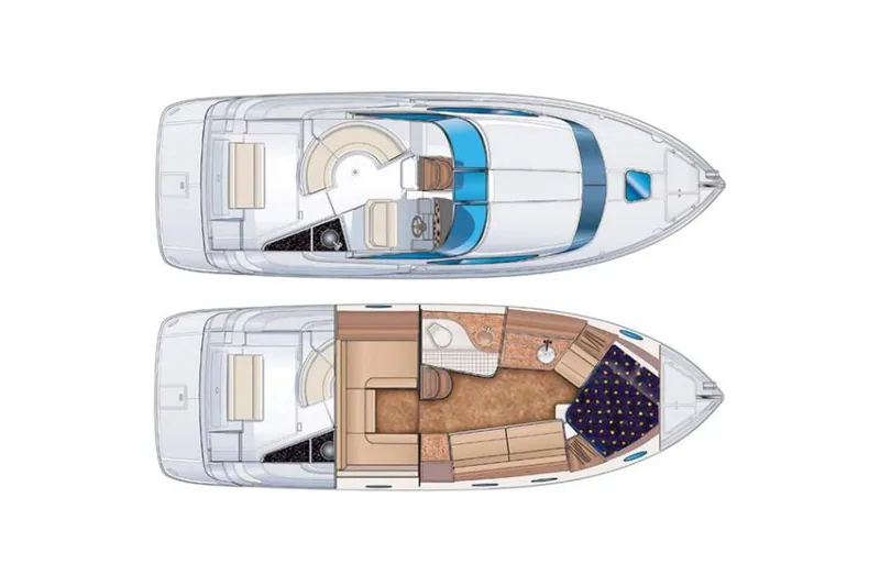 Slide: The Image of 2008 Regal 3360 Window Express boat layout, top and interior views. - 24