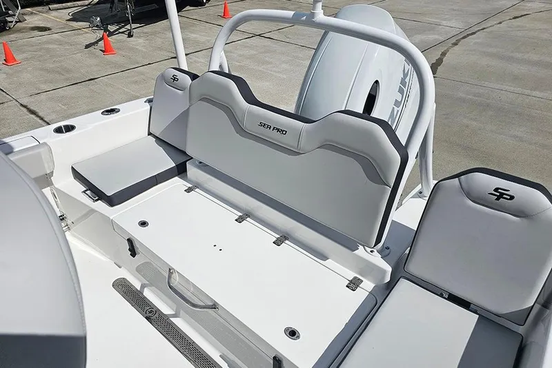 Slide: The Image of 2026 Sea Pro 225 Sandbar boat interior with sleek seating and modern design. - 14