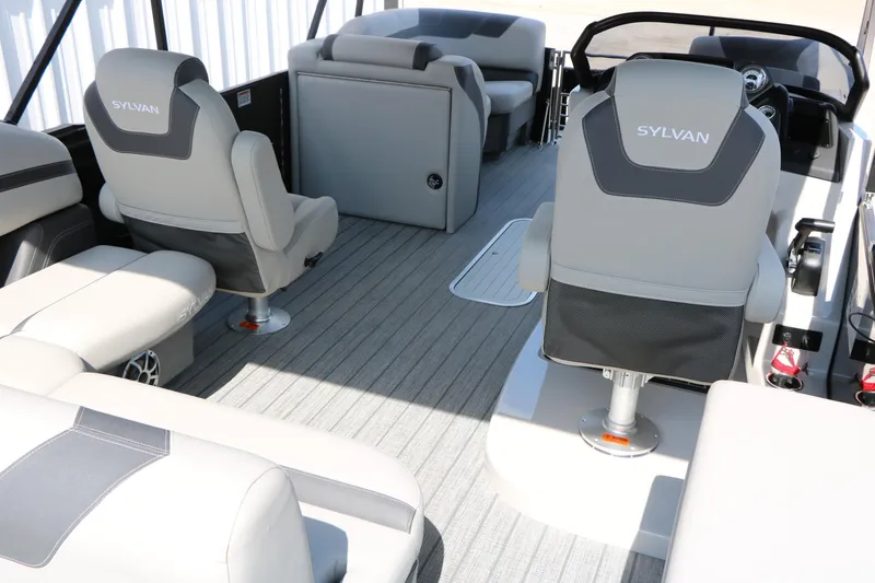 Slide: The Image of 2025 Sylvan L3 CLZ DH boat interior with gray seating and modern design. - 16