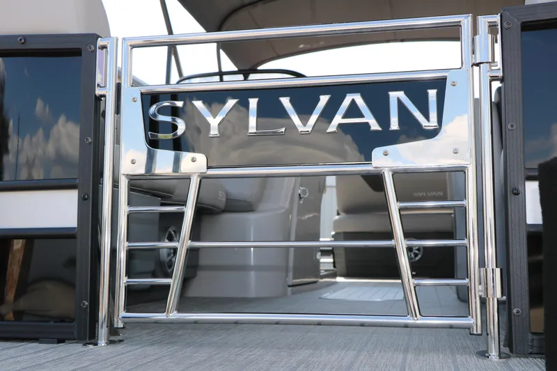 Slide: The Image of Sylvan L3 CLZ DH 2025 boat gate with chrome finish and logo. - 8