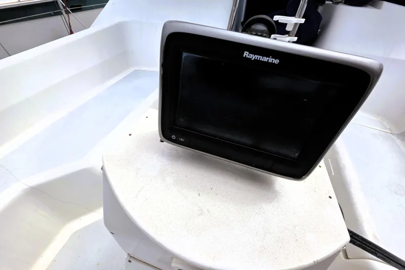 Slide: The Image of Raymarine navigation system on 1992 Hunter 43 Legend sailboat cockpit. - 28